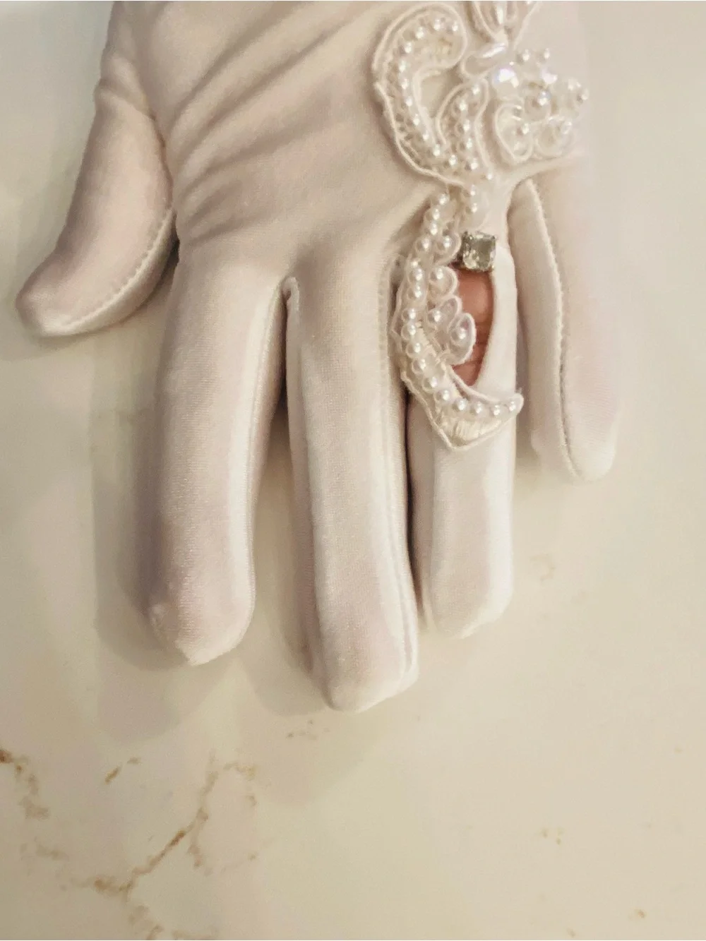 Vintage Bridal Gloves White Nylon  w/ Finger Lace Detail Ring Exposure One Size